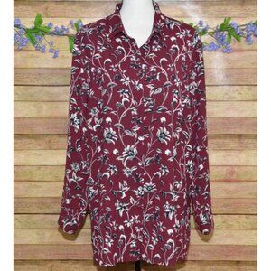 J. Jill Ladies Maroon Floral Button Up Tunic Blouse Size XL Modest Career